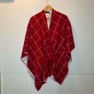 NEW Tahari Red White Plaid Checker Wrap Poncho Shawl Tie Waist Rayon Nylon OS